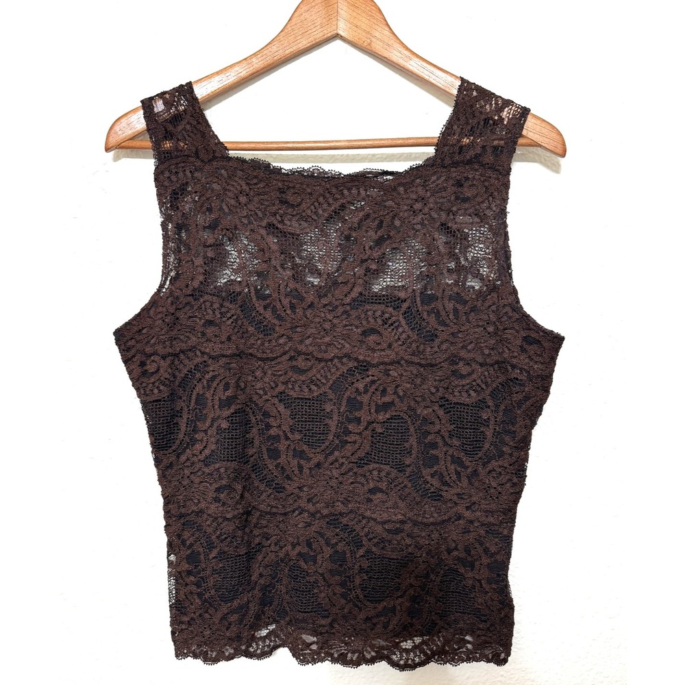 Kay Celine Lace Tank Top Womens M Brown Black Lined Sleeveless Camisole Cottage